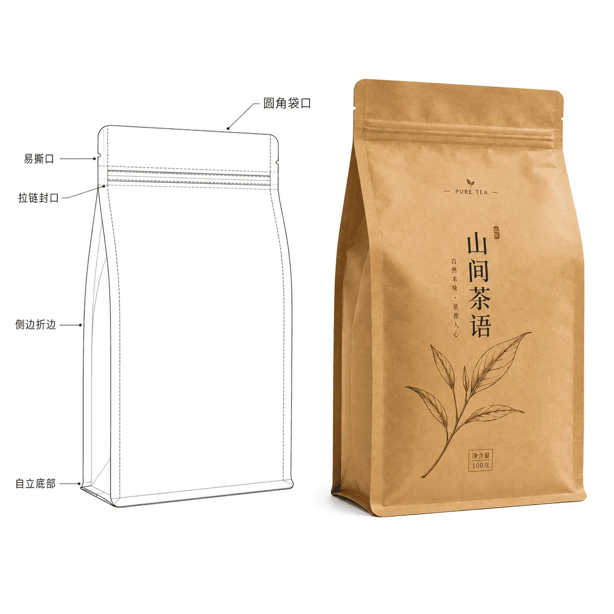 牛皮纸茶叶袋二线稿