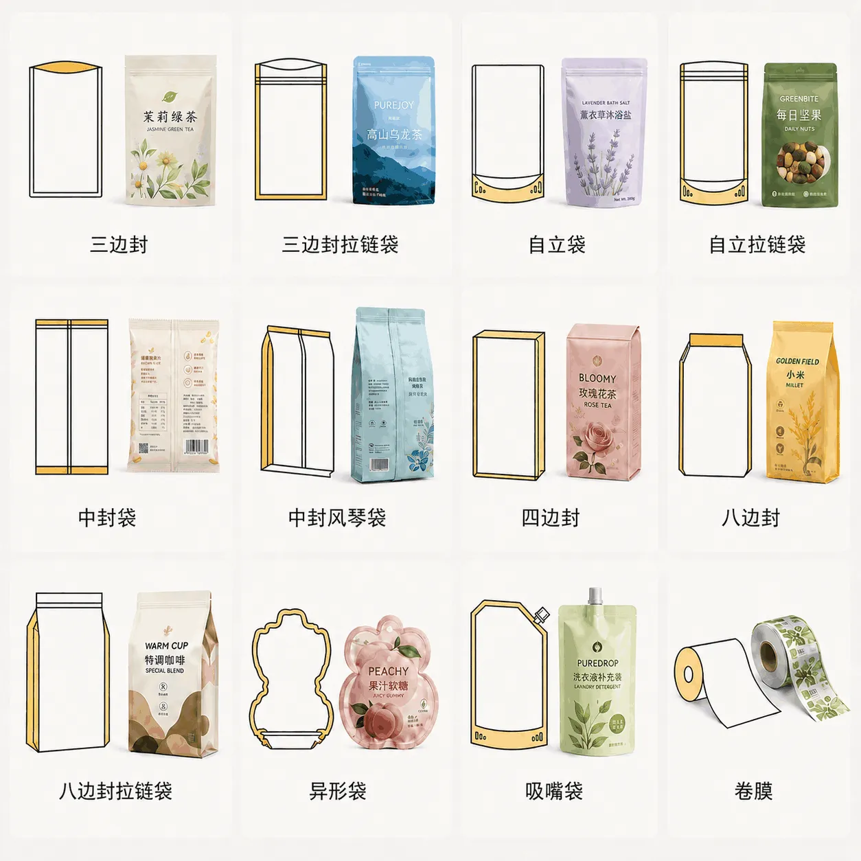 不同袋型对应产品