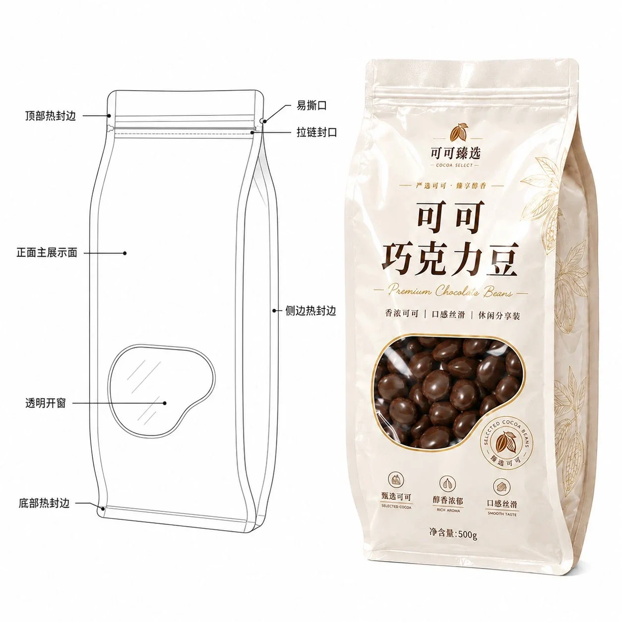 巧克力豆包装袋定制 食品级自立拉链开窗袋 可可豆零食包装袋厂家 - 图片 4