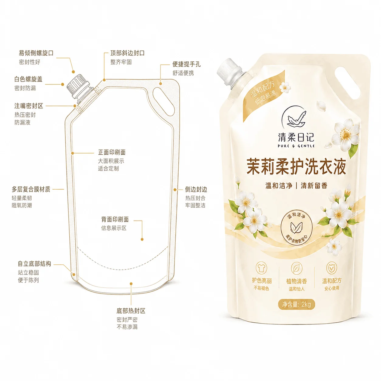 定制洗衣液塑料包装袋日化液体自立吸嘴袋加厚防漏洗护用品复合包装袋 - 图片 4