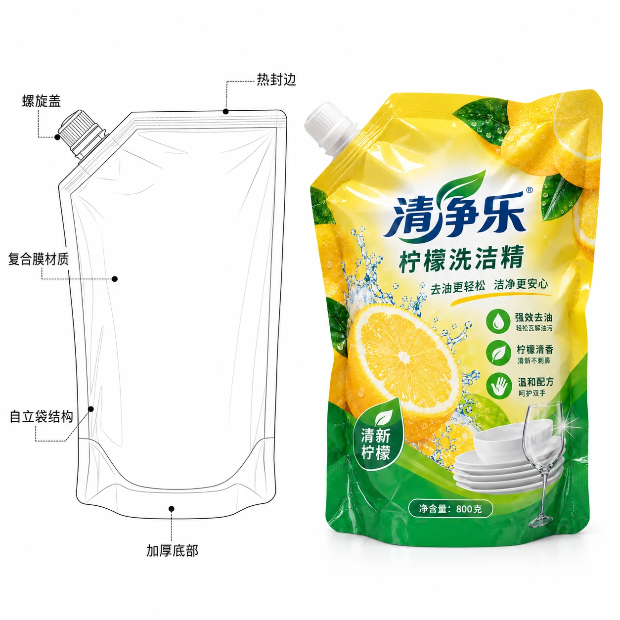 洗洁精包装袋 结构尺寸线稿