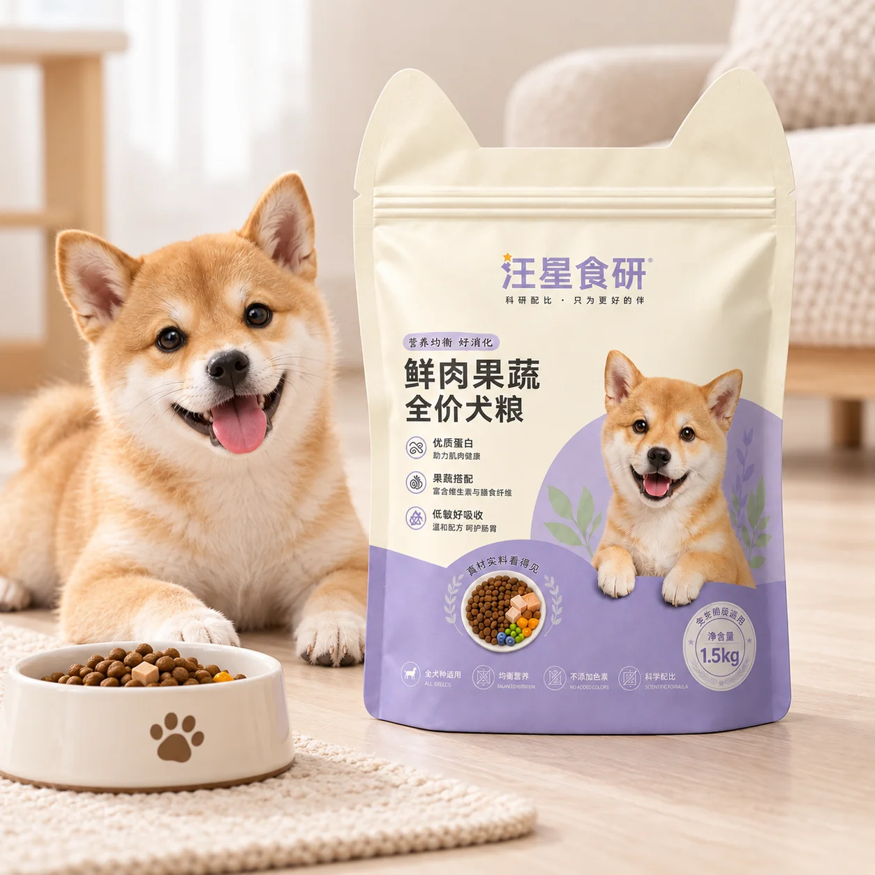 Dog food packaging bag in use, filled and sealed pouch mockup