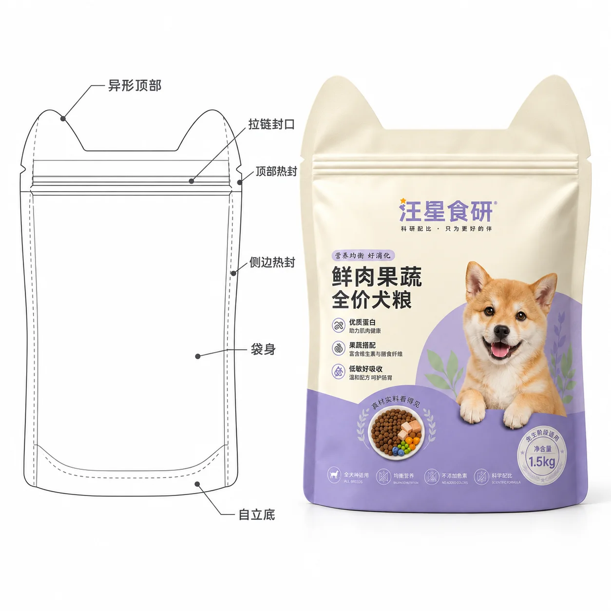 Line drawing of a custom dog food packaging bag structure