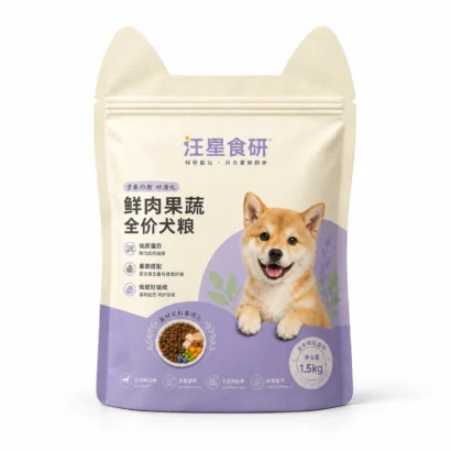 Dog food packaging bag front view, custom printed stand-up pouch