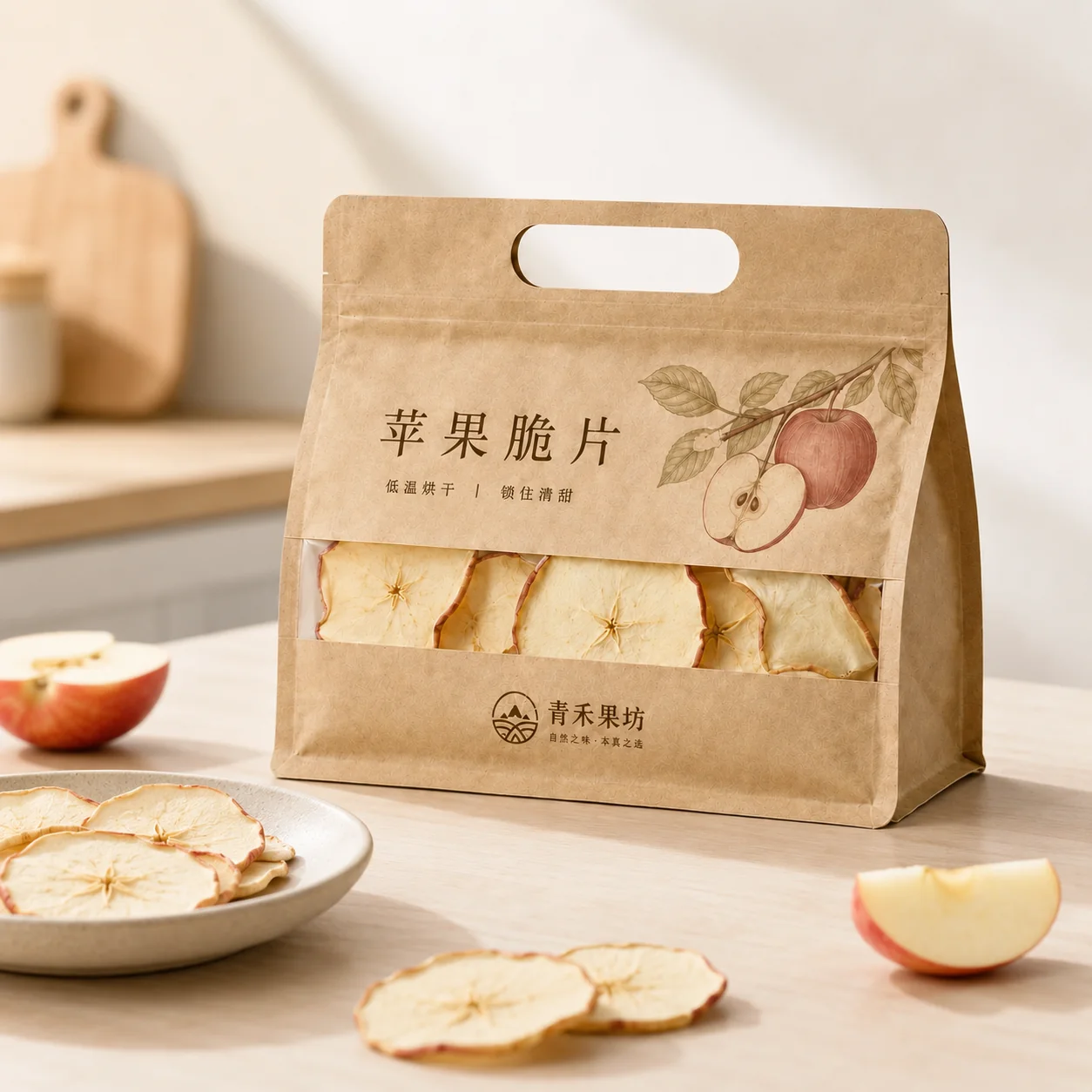 Dried apple chips pouch application scene