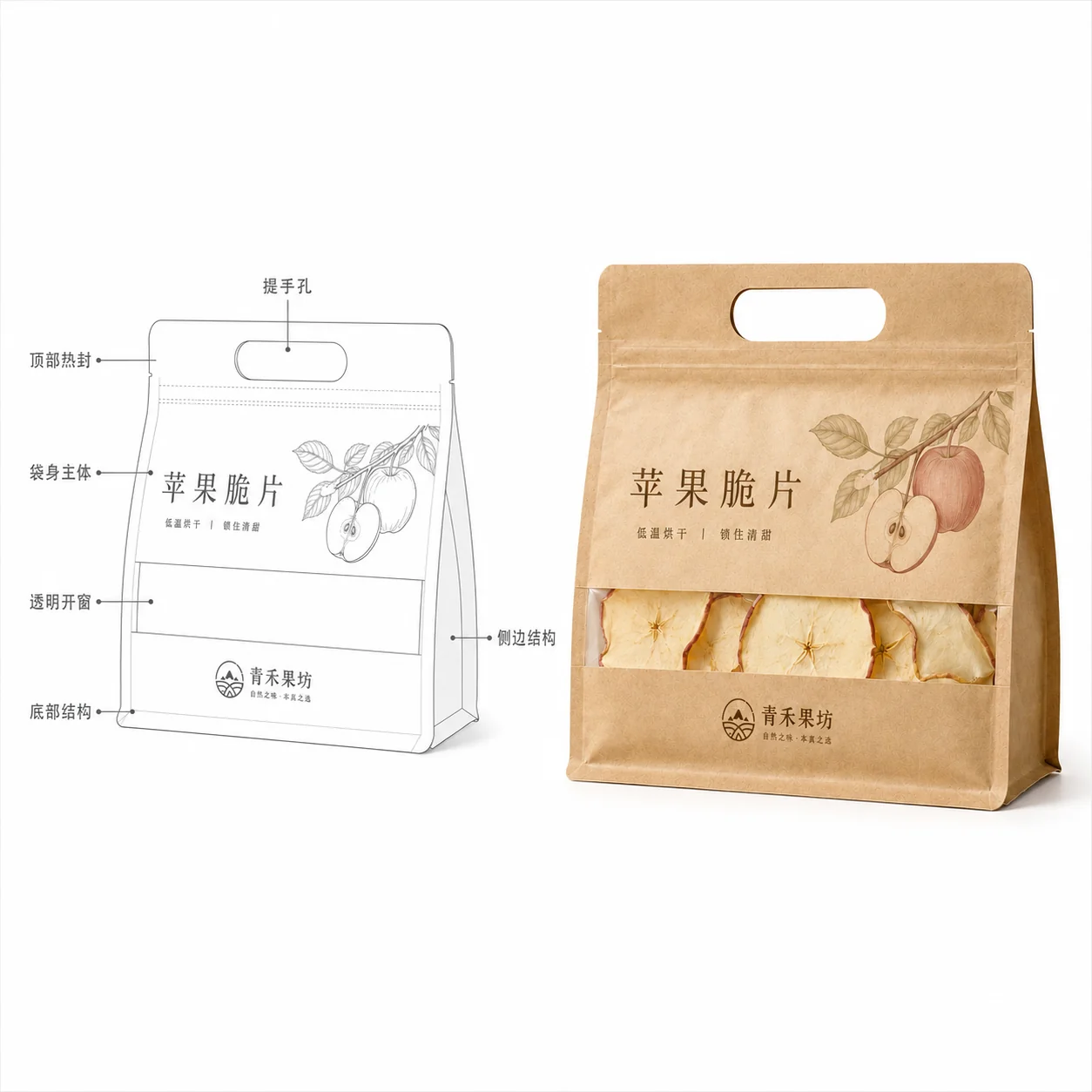 Dieline structure of dried apple pouch