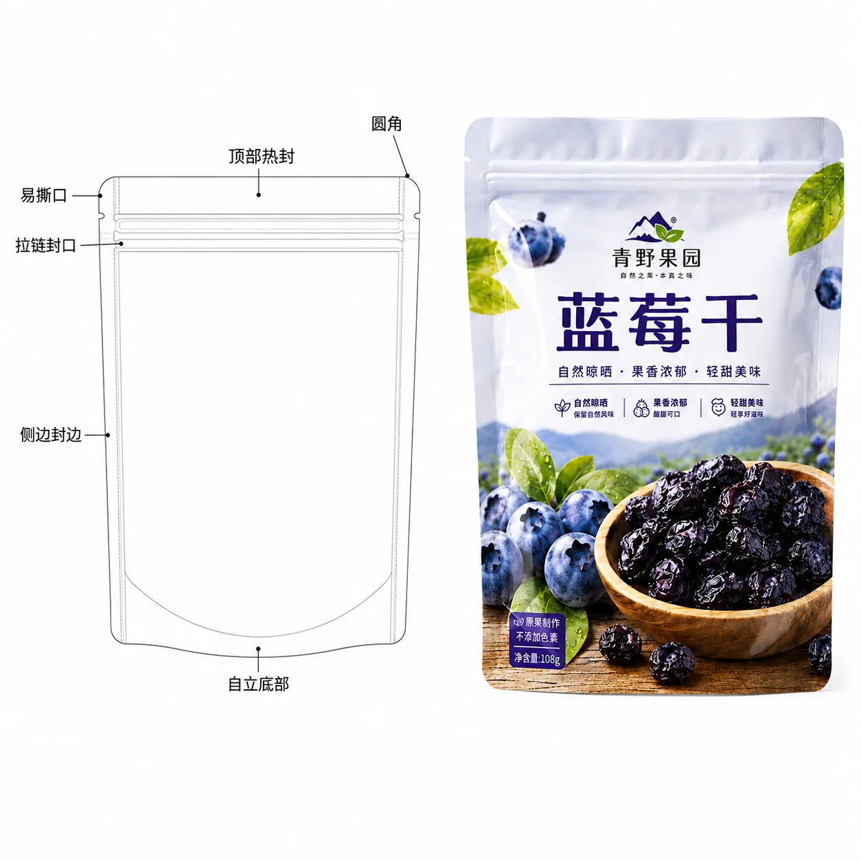Dieline structure of dried blueberry pouch