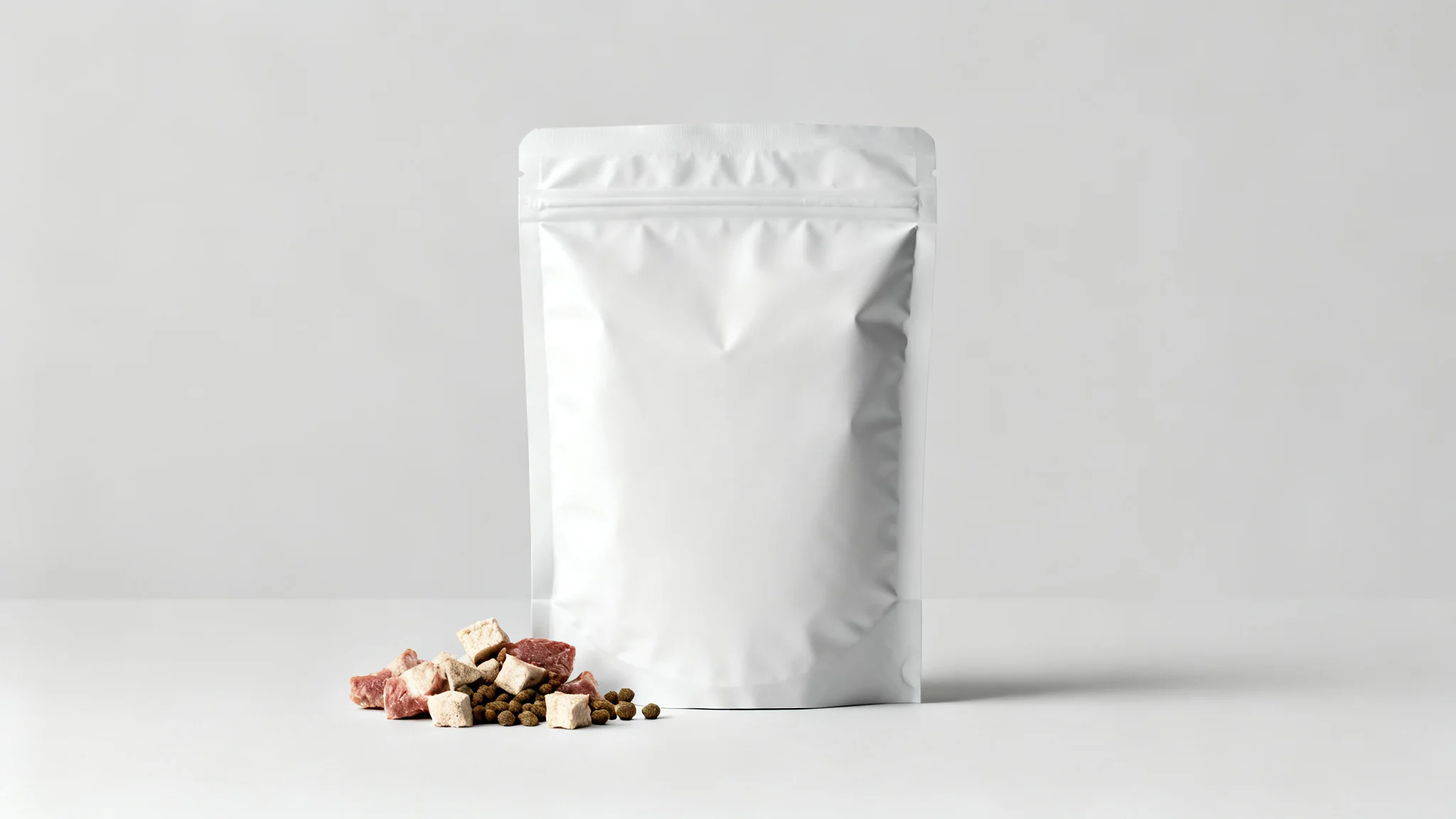 冻干宠物食品包装用自立袋与冻干肉块颗粒的示意画面