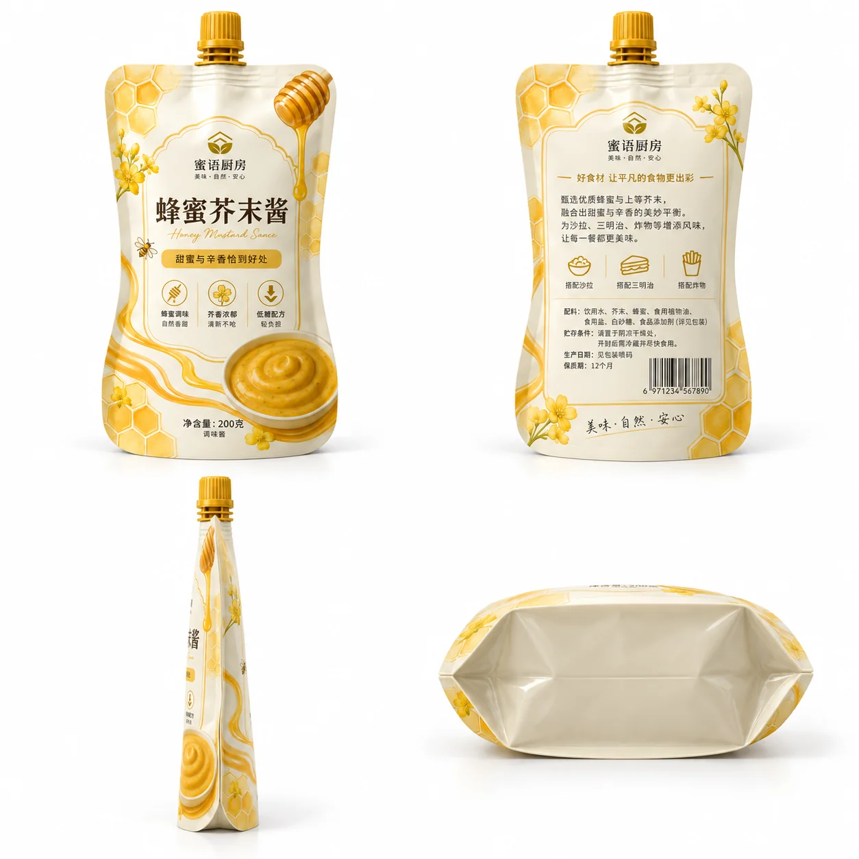 蜂蜜芥末酱吸嘴袋正面背面侧面和自立底展示