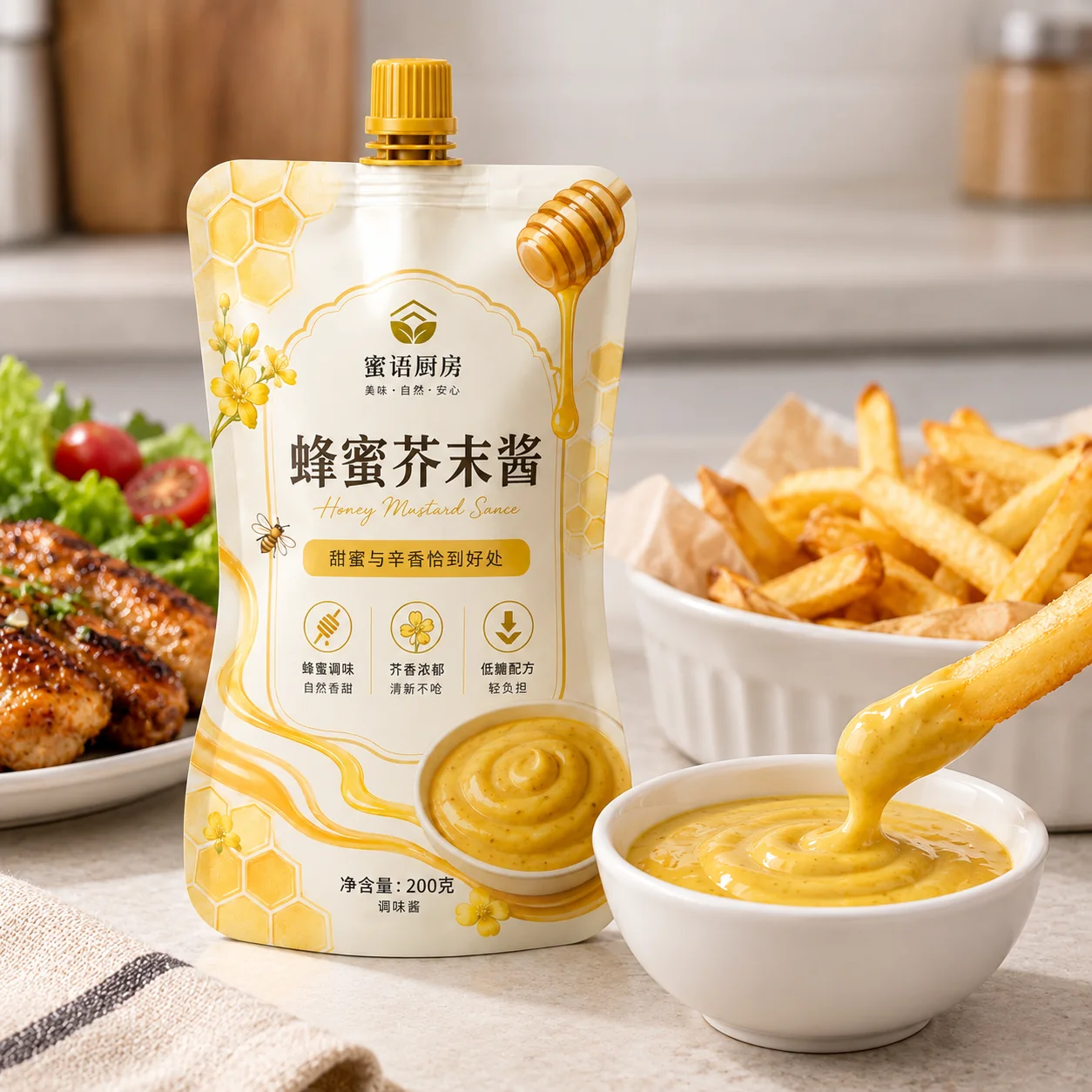 蜂蜜芥末酱吸嘴袋薯条与烤肉调味应用场景