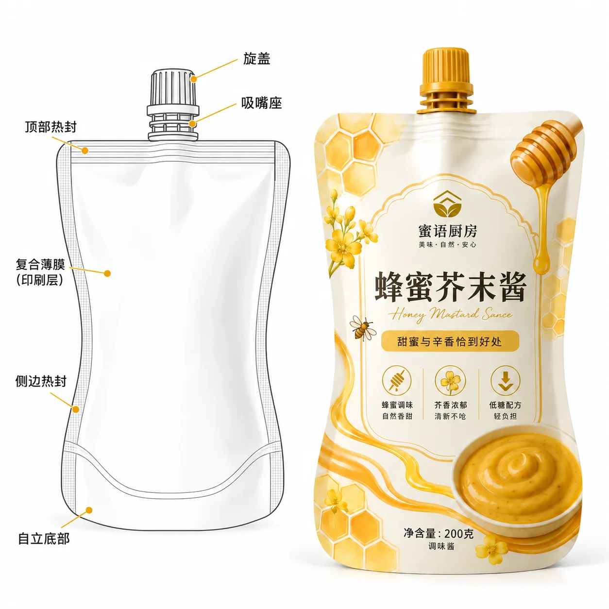 蜂蜜芥末酱吸嘴袋旋盖复合薄膜侧封和自立底结构图