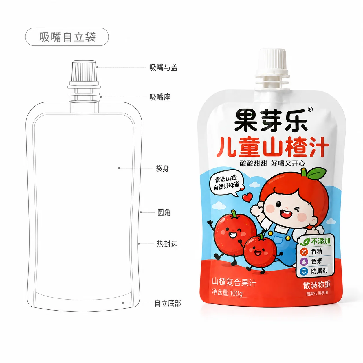 Structural drawing of kids beverage spout pouch