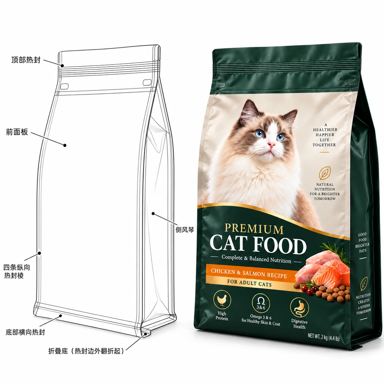 四边封猫粮包装袋侧风琴与折叠底结构图