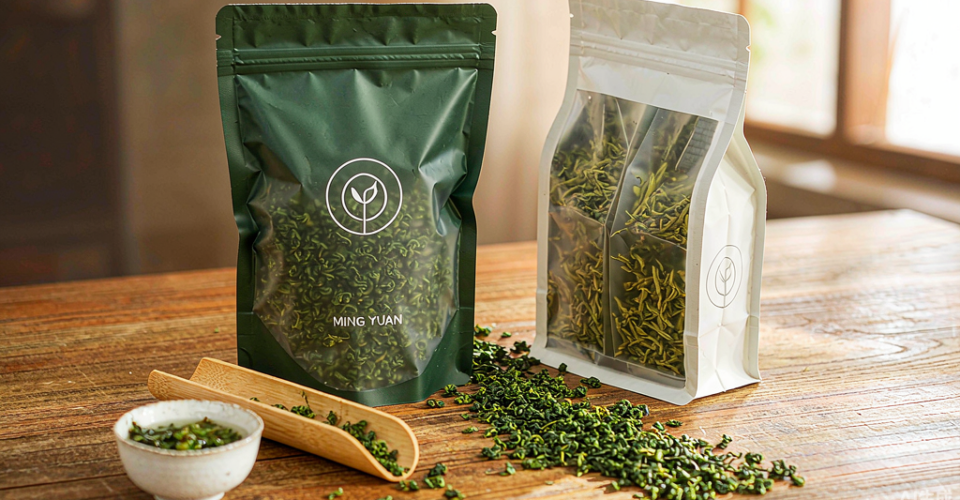 茶叶包装保质期验证场景,铝箔自立茶叶包装袋与检测记录表、取样茶叶放在一起