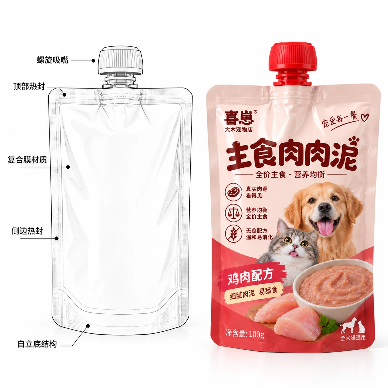 宠物肉泥包装袋 结构尺寸线稿