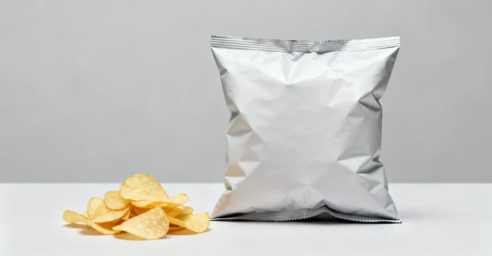 薯片包装袋：充气饱满的袋体与旁边的一小堆薯片
