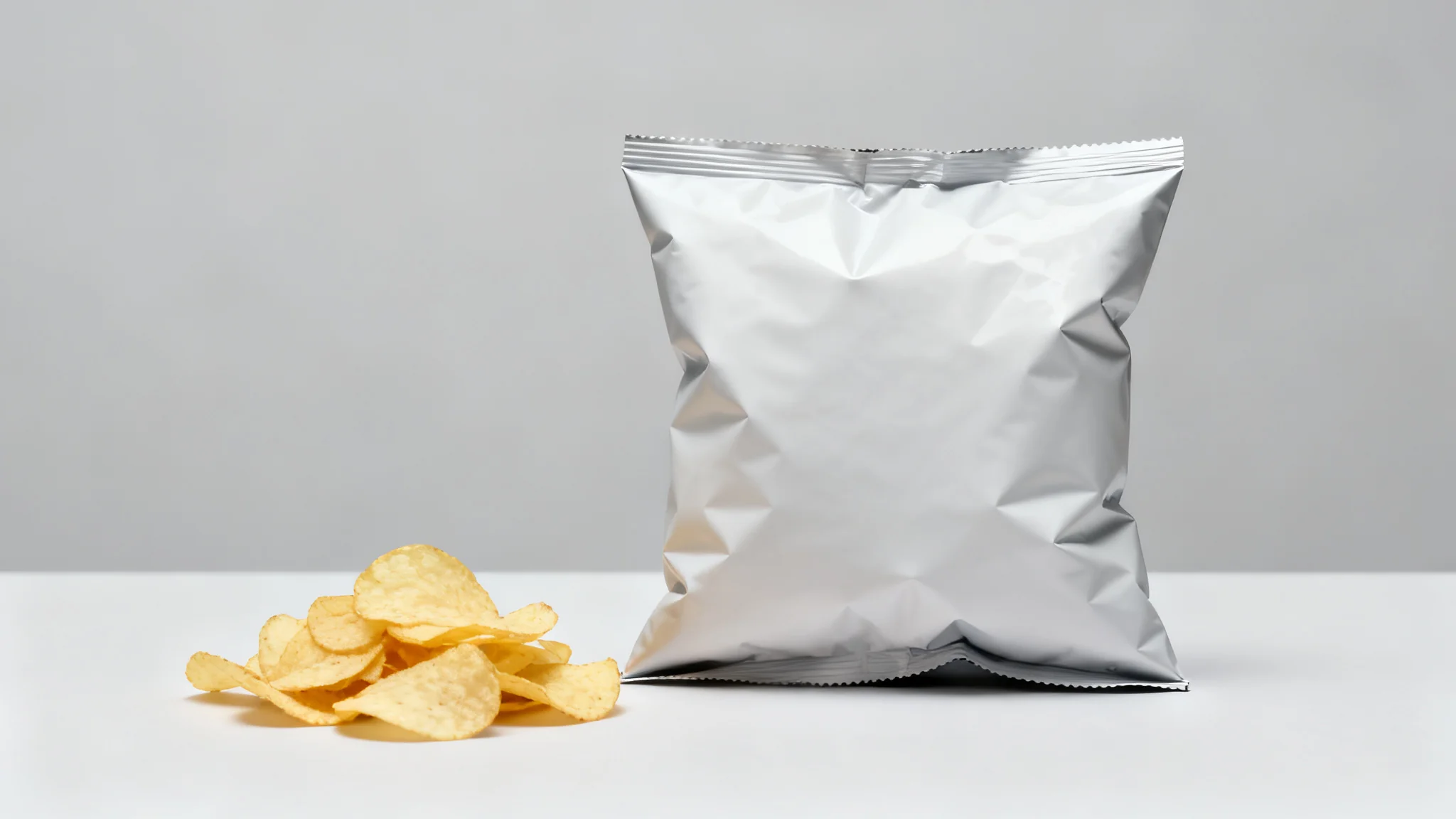 薯片包装袋：充气饱满的袋体与旁边的一小堆薯片