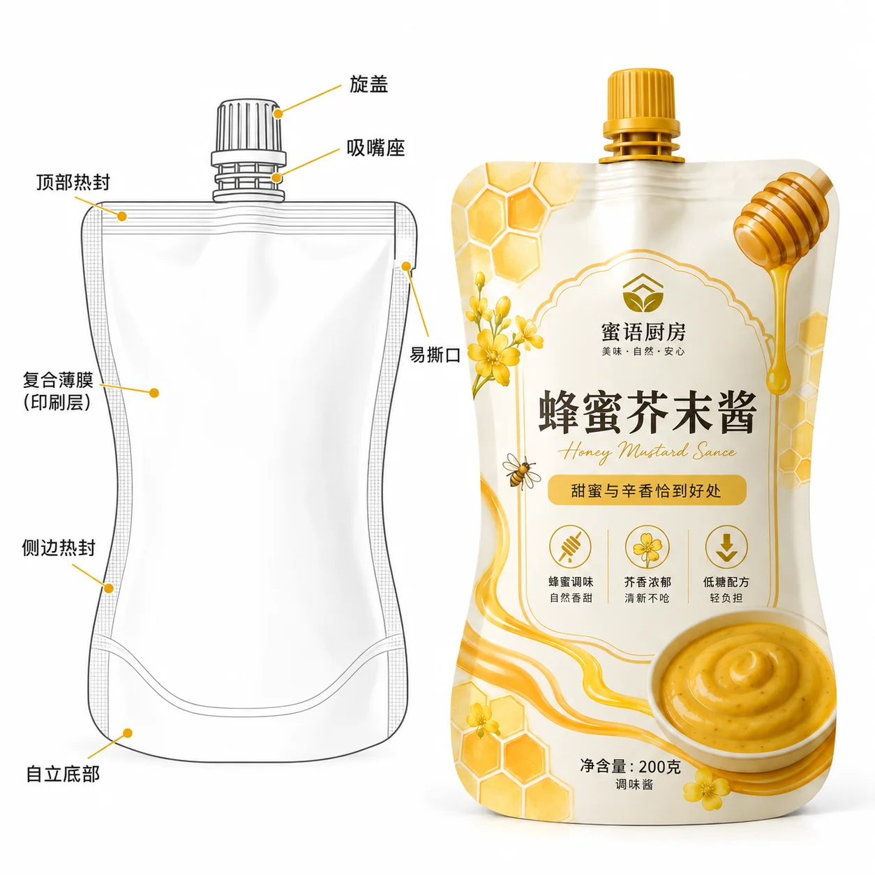 Line drawing of a custom sauce packaging pouch structure