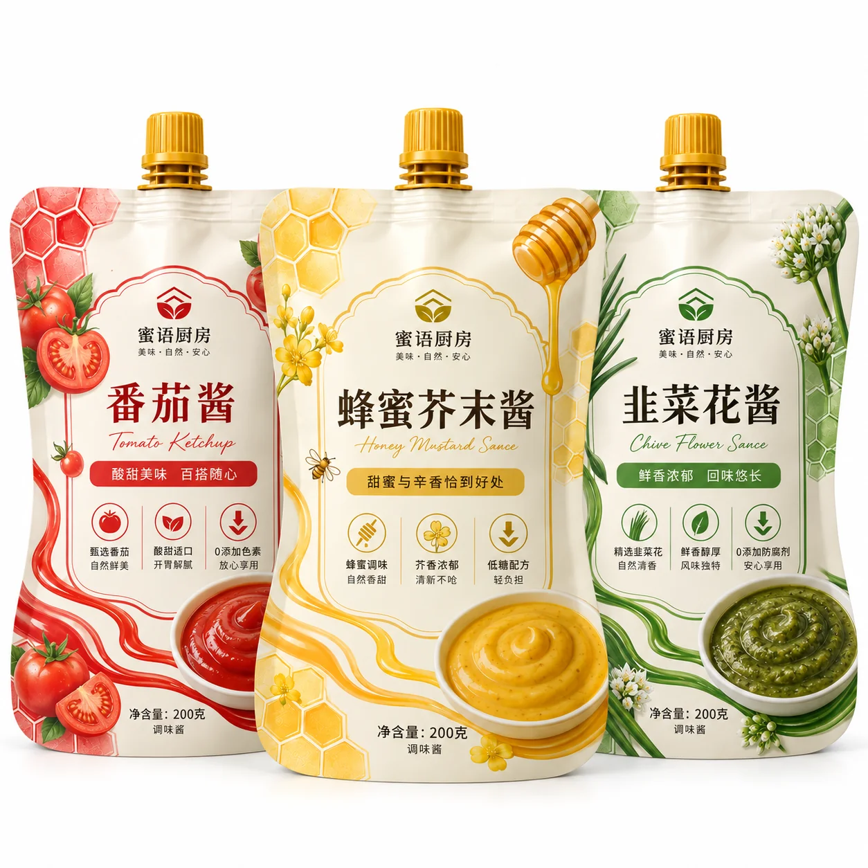 Series of custom sauce packaging pouches in different sizes