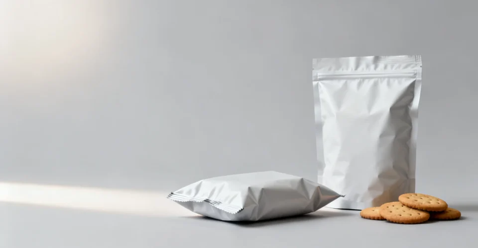 概念图:饼干包装袋的两种形态,卷膜成型枕式袋与预制自立袋并排展示,用于说明饼干包装袋选型