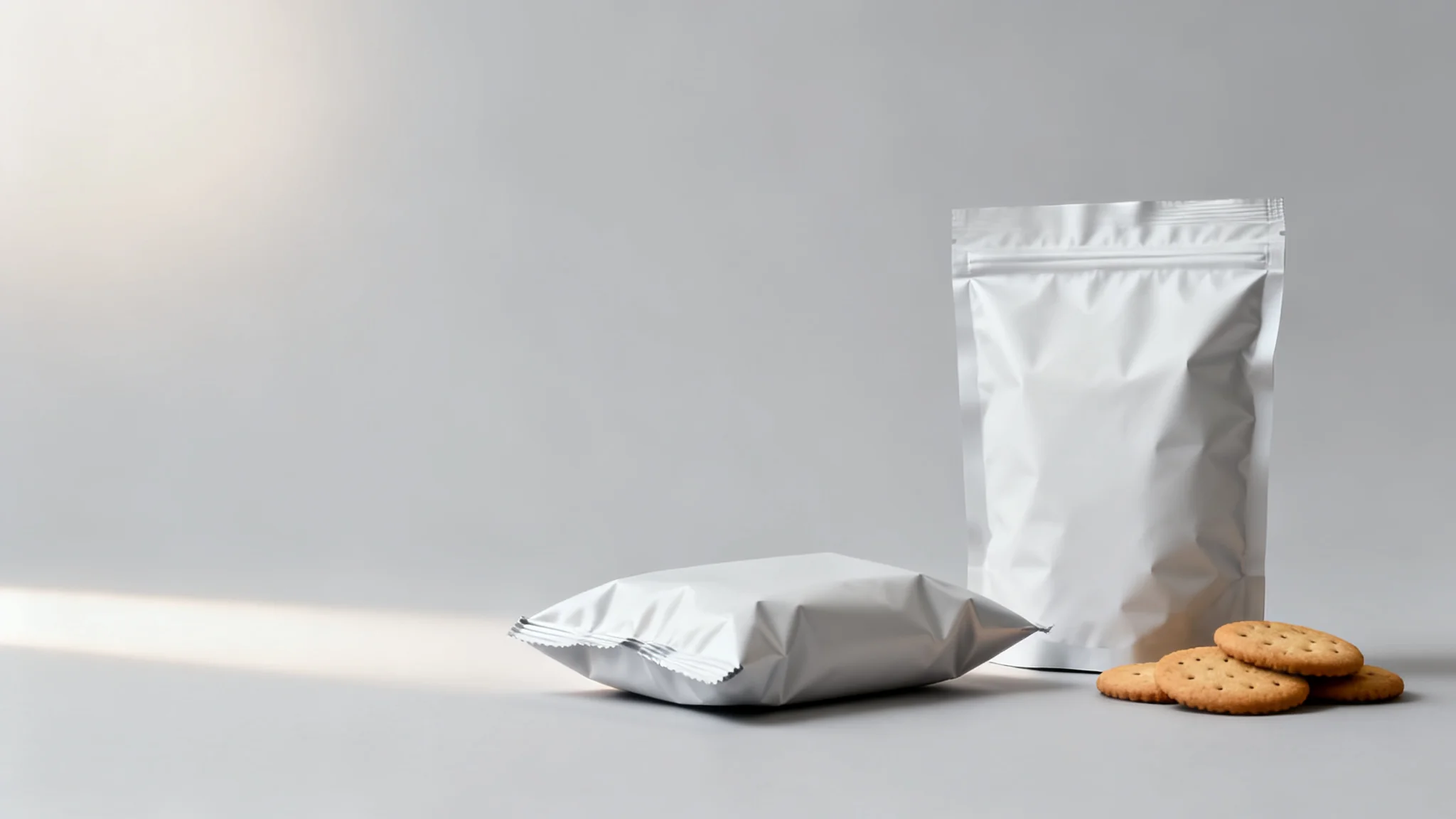 概念图:饼干包装袋的两种形态,卷膜成型枕式袋与预制自立袋并排展示,用于说明饼干包装袋选型