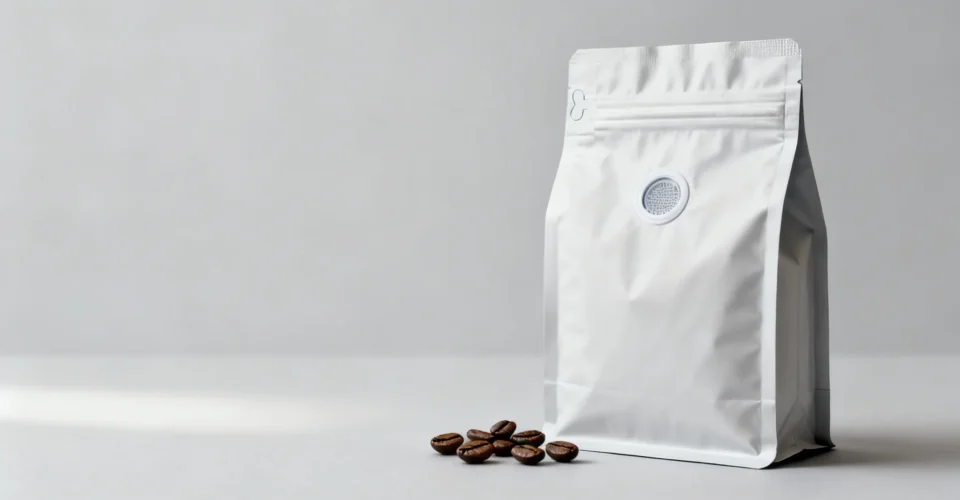 Unbranded stand-up coffee bean pouch with a one-way degassing valve and matte printed film, whole roasted coffee beans beside it