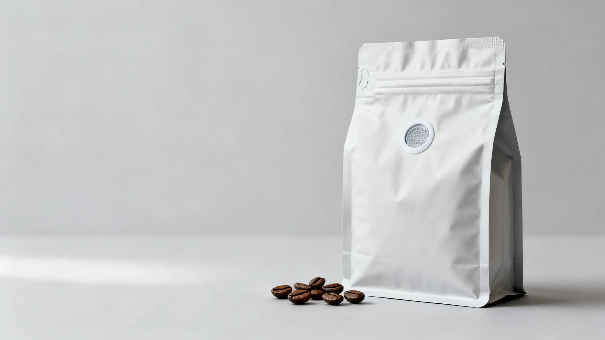Unbranded stand-up coffee bean pouch with a one-way degassing valve and matte printed film, whole roasted coffee beans beside it