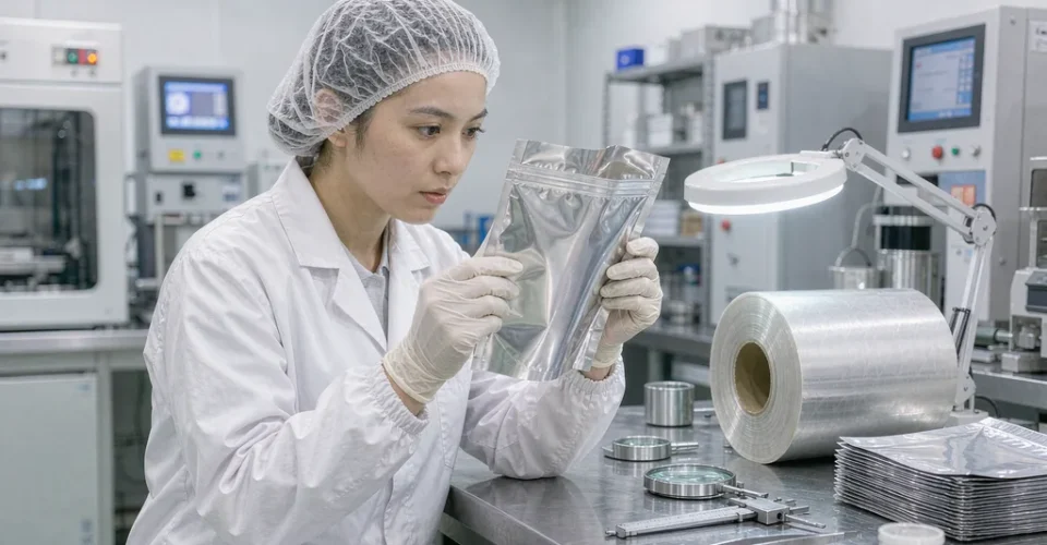 品控人员在食品软包装工厂的化验室内拿起一只刚下线的印刷自立袋闻检异味,台面上放着复合膜卷和检测工具