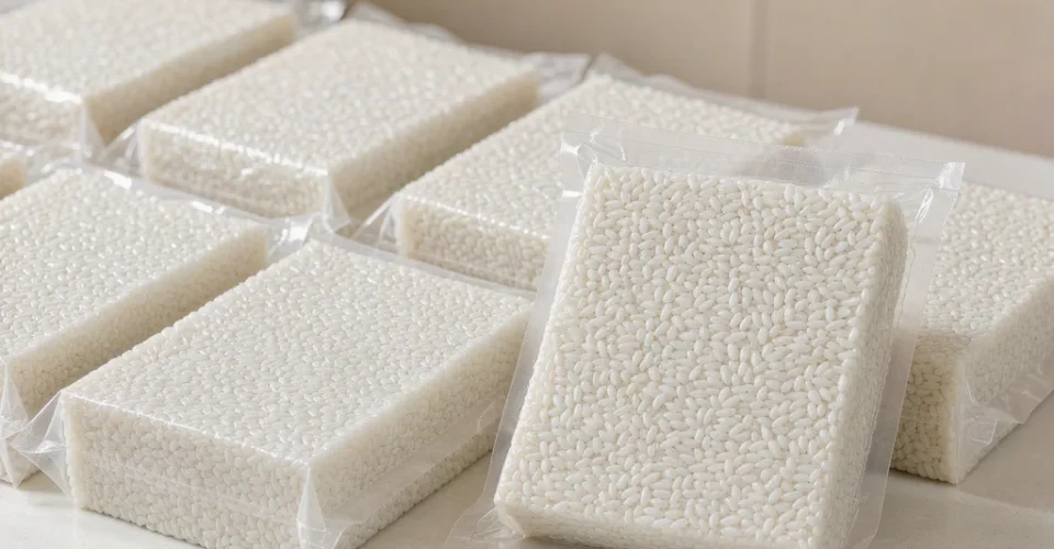 真空米砖包装袋成品,透明袋内大米被压成紧实的砖形,侧面可见压花纹理与封边结构