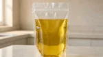 透明自立食用油包装袋装满金黄色食用油，带压合拉链与窄顶封边，立在厨房台面上