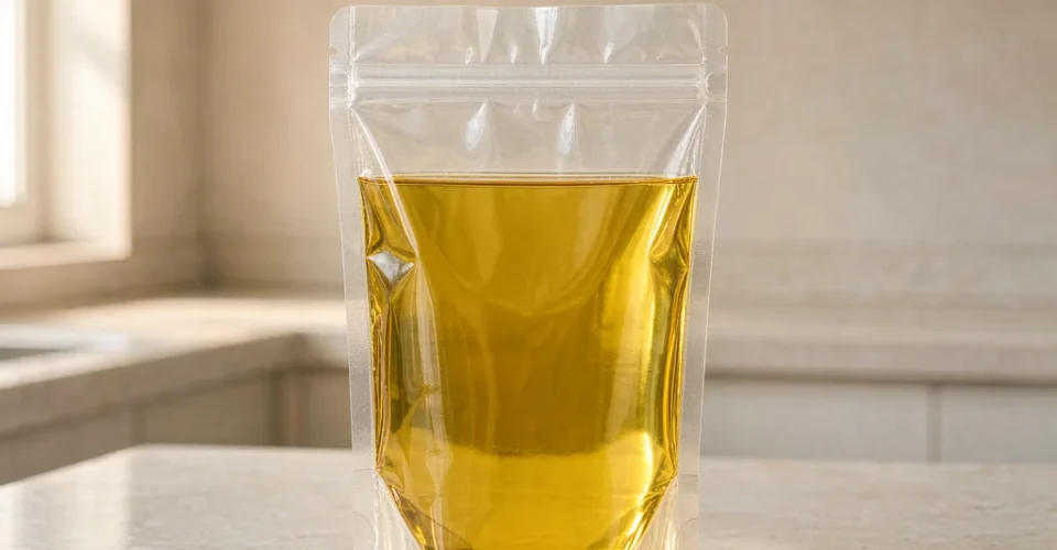 透明自立食用油包装袋装满金黄色食用油，带压合拉链与窄顶封边，立在厨房台面上