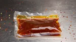 不锈钢台面上放着一个表面泛着红油光泽的柔性零食包装袋，周围散落着辣椒碎和芝麻