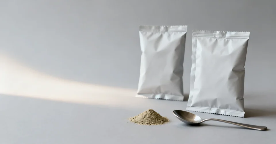 概念图:未印刷的调味粉包装袋与散落的调味粉,用于说明调味粉包装袋封口夹粉的排查