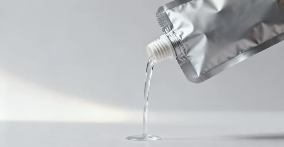 an unbranded spout pouch with a screw cap, tilted mid-pour with a clear liquid stream, studio background
