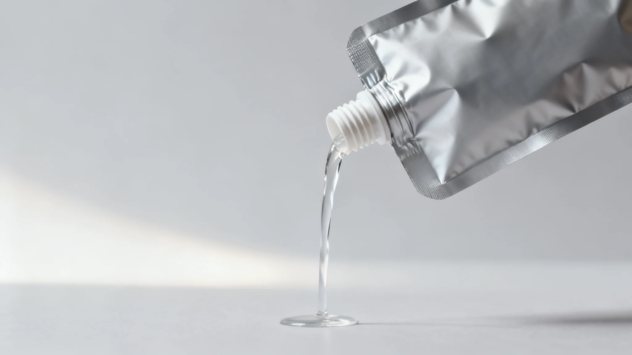 an unbranded spout pouch with a screw cap, tilted mid-pour with a clear liquid stream, studio background